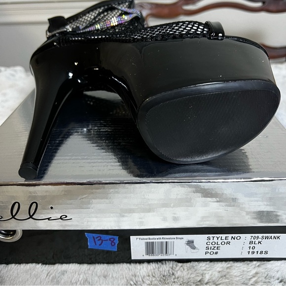 New Ellie Black 7” Fishnet Rhinestone Stiletto Platform Bootie Heels sz 10 - Picture 10 of 11